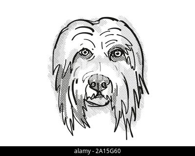 Retro Cartoon Stil Zeichnung der Kopf eines Bearded Collie, eine inländische Hund oder Hund Rasse auf isolierten weißen Hintergrund in Schwarz und Weiß. Stockfoto