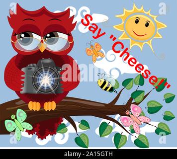 Eine Eule Fotograf, ein Reporter, Journalist Brille tragen sitzt auf einem Ast und macht eine Reportage, sammelt Nachrichten Stock Vektor