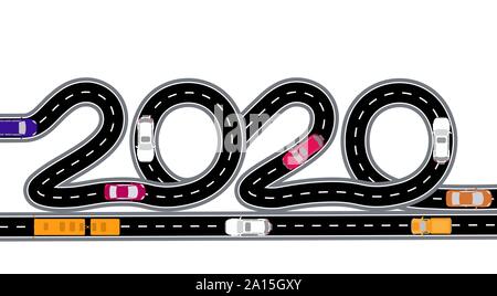 2020 für das neue Jahr. Die Straße ist stilisiert als eine Inschrift. Die Bewegung der weißen Autos. Vector Illustration Stock Vektor