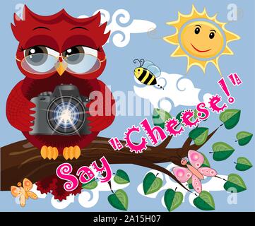 Eine Eule Fotograf, ein Reporter, Journalist Brille tragen sitzt auf einem Ast und macht eine Reportage, sammelt Nachrichten Stock Vektor