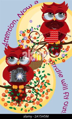 Ein rotes Bonbon Eule mit Brille und mit einer Kamera sitzt auf einem blühenden Baum, ihre Eule Freundin stricken Socken. Inschrift Aufmerksamkeit, der Vogel Stock Vektor