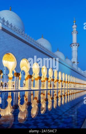 Sheikh Zayed Moschee in Abu Dhabi in der Nähe von Dubai bei Nacht beleuchtet, Vereinigte Arabische Emirate Stockfoto