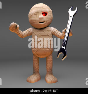 Cartoon 3d-ägyptischen Mumie monster Holding einen Schraubenschlüssel, 3d-Grafik rendern Stockfoto