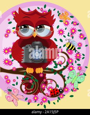 Ein rotes Bonbon Eule in Gläsern und mit einer Kamera sitzt auf einem blühenden Zweig eines Baumes. Foto Business, Fotograf, Berufung, Beruf Stock Vektor