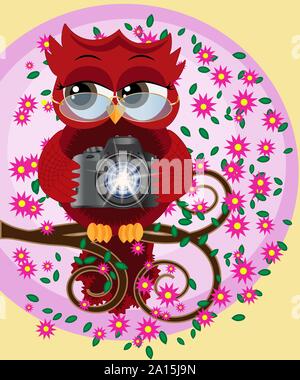 Ein rotes Bonbon Eule in Gläsern und mit einer Kamera sitzt auf einem blühenden Zweig eines Baumes. Foto Business, Fotograf, Berufung, Beruf Stock Vektor