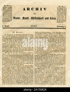 Europa, Frankreich, Paris, Voltaire, französischer Schriftsteller und Philosoph, Biografie aus der Zeitschrift "Archiv für Natur, Kunst, Wissenschaft und Leben', 3. Band, Lieferung 3, 1835, Seite 2 von 4. / Europa, Frankreich, Paris, Voltaire, französischer Schriftsteller und Philosoph, Biographie aus der Zeitung 'Archiv für Natur, Kunst, Wissenschaft und Leben" (Archiv für Natur, Kunst, Wissenschaft und Leben), Band 3, Lieferung 3, 1835, Seite 1 von 4. Stockfoto