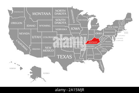 Kentucky rot markiert auf der Karte der Vereinigten Staaten von Amerika Stockfoto