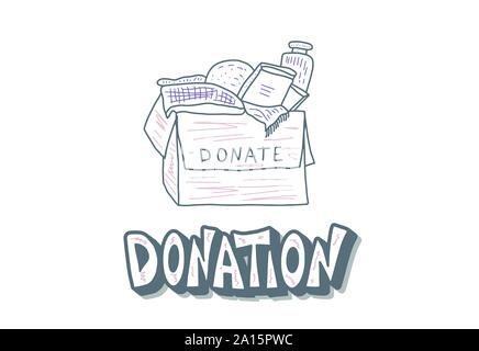 Spendenbox mit Kleidung, Bücher, Spielzeug und Text. Spenden Sie Dinge mit Schriftzug auf weißem Hintergrund. Liebe Elemente in doodle Stil. Vektor c Stock Vektor