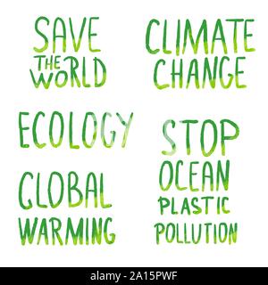Ökologie Satz von Anführungszeichen. Climat ändern, die Welt retten, Stop Ozean Kunststoff Verschmutzung Schriftzug. Vector Farbe Abbildung. Stock Vektor