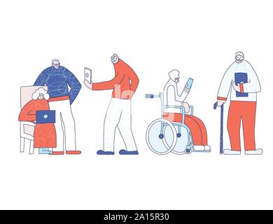 Ältere Menschen mit Handys und Gadgets. Verschiedene ältere Personen auf weißem Hintergrund. Alte Männer und Frauen charcters Gruppe. Vector Illustration. Stock Vektor