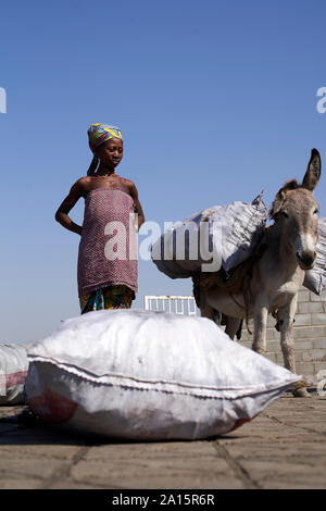Ndengelengo Frau und ihr Esel, Garganta, Angola. Stockfoto