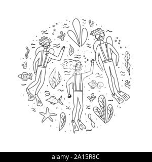 Tauchen Kreis Komposition. Sammlung von aquipment, Taucher und Unterwasser Elemente. Runde Konzept in doodle Stil. Vektor Skizze Abbildung. Stock Vektor