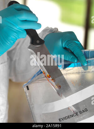 Forensische Wissenschaftler Einsacken ein Messer aus einem Gewaltverbrechen Szene Stockfoto