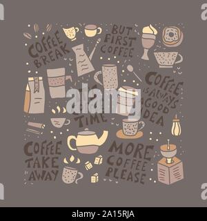 Plakat Vorlage mit heißen Getränken und Schriftzug. Kaffeetassen mit Anführungszeichen. Vector Illustration. Stock Vektor