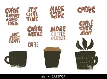 Kaffeetassen mit Zitaten auf weißem Hintergrund. Kaffee mitnehmen, mit Liebe Phrasen. Embleme mit handdrawn Schriftzug. Vector Illustration. Stock Vektor