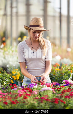 Schöne junge Frau kümmert sich um die Blumen im Gewächshaus Stockfoto