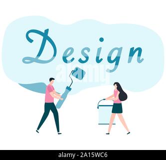 Vector Illustration mit Menschen mit Tools für Malerarbeiten, design Inschrift. Malerei, Reparatur von Räumlichkeiten. Gebäude, Bau, Instandsetzung Stock Vektor