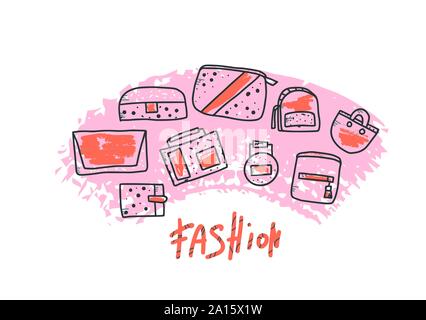 Satz von Frau Handtaschen. Sammlung der Geldbeutel in doodle Stil. Mode Accessoires Elemente. Vector Illustration. Stock Vektor