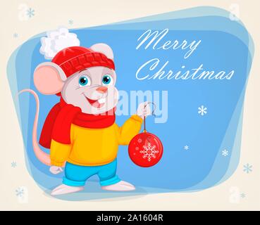 Frohe Weihnachten und guten Rutsch ins neue Jahr. Lustige cartoon Charakter maus hält Christmas tree Ball. Vector Illustration auf abstrakten blauen Hintergrund. Stock Vektor