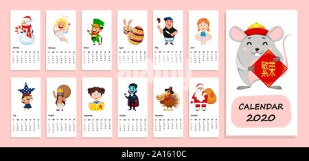 Kalender 2020 Jahr mit lustigen Comicfiguren. Frohes Neues Jahr der Ratte. Vector Illustration. Schriftzug übersetzt als Wohlstand Stock Vektor