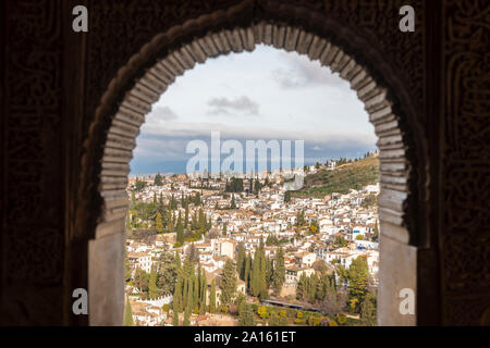 Ansicht der Albayzin von Generallife in Alhambra, Granada, Spanien Stockfoto