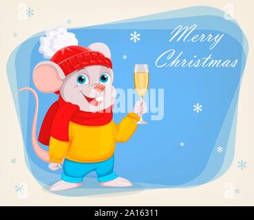 Frohe Weihnachten und guten Rutsch ins neue Jahr. Lustige cartoon Charakter maus hält ein Glas Champagner. Vector Illustration auf abstrakten blauen Hintergrund. Stock Vektor