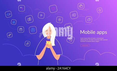 Junge Frau mit Smartphone zum Plaudern, Social Media Netzwerken, Banken- und Smart mobile Apps. Abstufungslinie Vector Illustration der Benutzeroberfläche, Stock Vektor