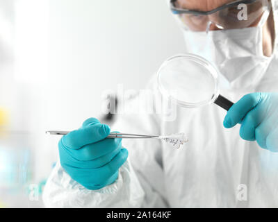 Forensische Wissenschaftler untersuchen Fragmente von Papier in einem Labor Stockfoto