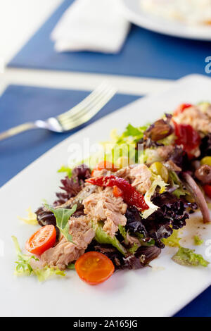 Nahaufnahme von einem weißen Keramik Teller mit Salat auf einen Tisch für das Mittagessen Stockfoto