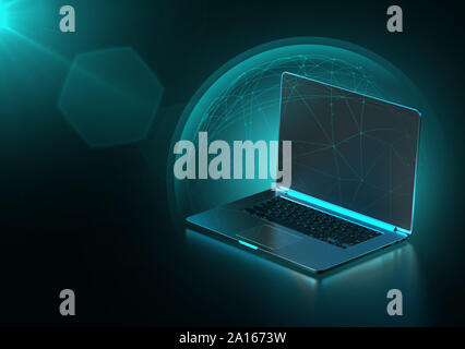 Daten mit blauen Kraftfeld wie Schild um Laptop Computer geschützt, kopieren Raum auf leeren Bildschirm von Notebooks. Cyber Security Konzept. 3D-Rendering Stockfoto