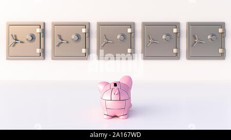 Rendering von pink Robot piggy Bank vor der Gewölbe Stockfoto