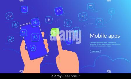 Die menschliche Hand, Smartphone und wählen eine mobile App Symbol für Chatten und Senden von SMS-Nachrichten. Abstufungslinie Vector Illustration der Benutzeroberfläche, u Stock Vektor