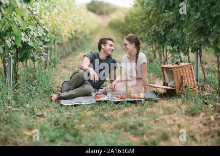 Glückliches junges Paar mit Picknick in den Weinbergen Stockfoto