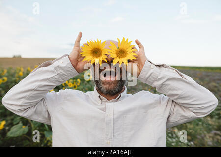 Verspielter Mann, die seine Augen mit Sonnenblumen in einem Feld Stockfoto