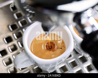Espresso fließt in eine Tasse Espresso Stockfoto