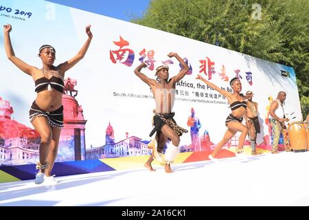 (190924)-BEIJING, Sept. 24, 2019 (Xinhua) - Künstler während der "South African Heritage Day" Veranstaltung der Peking Internationale Gartenbauausstellung in Peking, der Hauptstadt von China, Sept. 24, 2019. Die Expo fand die "South African Heritage Day" am Dienstag. (Foto von Duan Xuefeng/Xinhua) Stockfoto