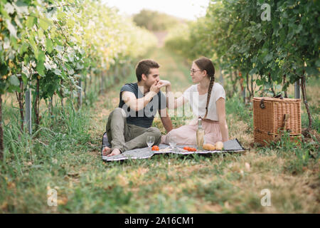 Junges Paar in Liebe mit Picknick in den Weinbergen Stockfoto