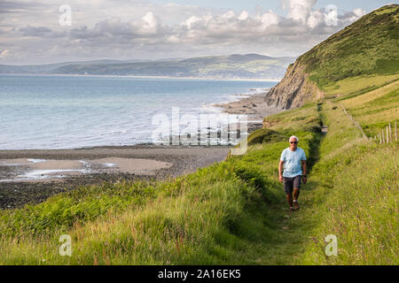 Ein Mann zu Fuß twoards im Süden entlang der walisischen Küste Weg zwischen Borth und Aberystwyth, Ceredigion Wallog, Cardigan Bay West Wales Stockfoto