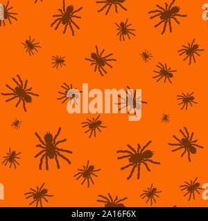 Nahtlose Muster mit schwarzer Silhouette der Spinne auf orangem Hintergrund. Halloween dekorativen Textur. Muster für Design, Web, Geschenkpapier, fabric Stockfoto
