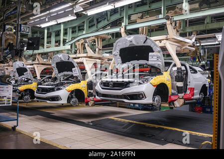 Fließband der Produktion von Bürger- und SUV-Fahrzeuge bei Honda Factory in Alliston, Ontario, Kanada, Nordamerika Stockfoto