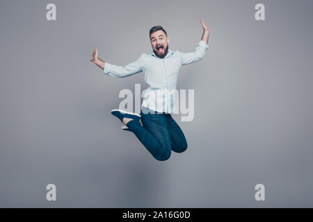 Voller Körper Länge Größe studio Foto Portrait von fröhlichen delightf Stockfoto