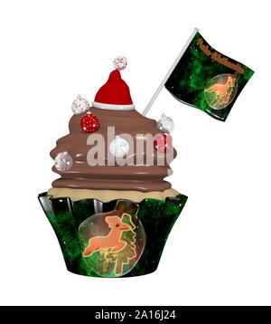Lecker Kuchen für Weihnachten mit Christbaumkugeln und Santa hat. 3D-Rendering auf Weiß isoliert Stockfoto