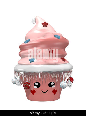 Cute Cupcake für Weihnachten mit Christbaumkugeln, Eiszapfen und lächelndes Gesicht. 3D-Rendering auf Weiß isoliert Stockfoto