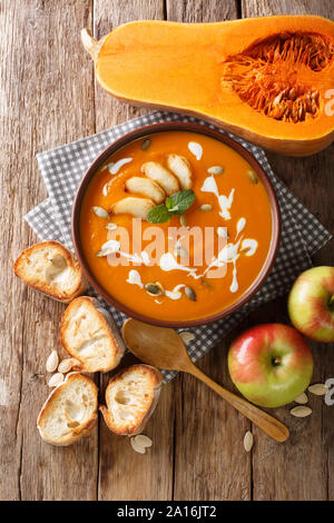 Kürbis und Apfel Suppe mit Samen, Joghurt von Zutaten in der Nähe umgeben - auf den Tisch. Vertikal oben Ansicht von oben Stockfoto
