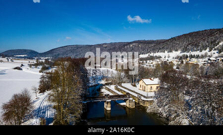 Luftbild der historischen Schleuse Meihern am Ludwig-Donau-Main-Kanal im Altmühltal, Bayern/Luftaufnahme von eine historische Schleuse bei Ludwig - Donau - Main Stockfoto