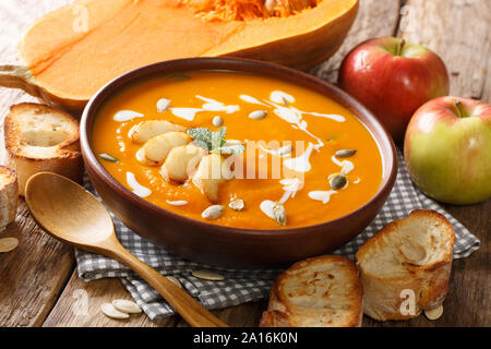 Hausgemachte pikanten Kürbis und Apfel Suppe mit Samen close-up in einer Schüssel auf dem Tisch. Horizontale Stockfoto