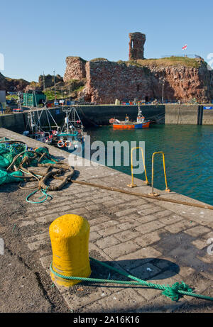 Angeln Boote in der Nähe von Dunbar Castle im Victoria Harbour, Dunbar. Schottland Stockfoto