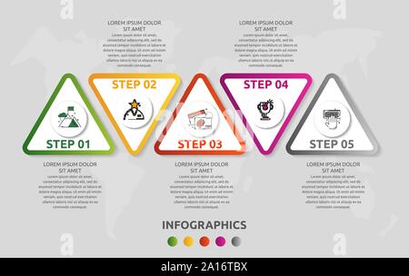 Vektor Infografik Vorlage mit Dreiecken und fünf Kreise. Business geometrische Konzept mit 5 Optionen, Teile, Schritte. Wie timeline, Workflow verwendet Stock Vektor