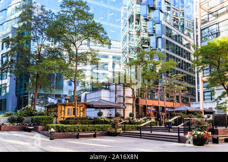 Bäume spiegeln sich in den verspiegelten Fenstern von Bürogebäuden und Einzelhandelsgeschäften in der Fußgängerzone des Fleet Place in der City of London, Großbritannien Stockfoto