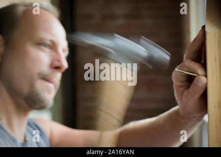 Männliche builder Hämmern einen Nagel mit dem Hammer. Stockfoto